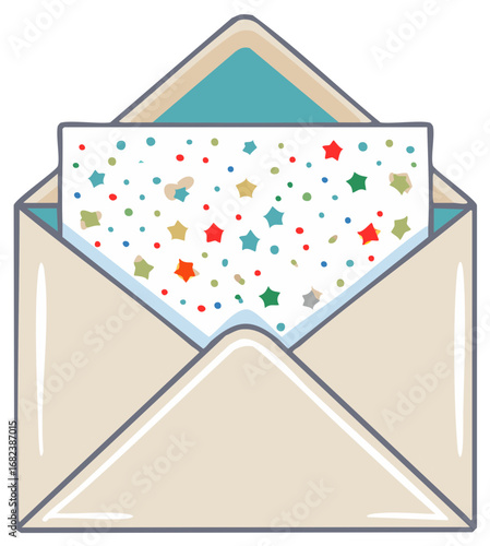 Illustration of open envelope with multicolored confetti and star pattern card, sending birthday wishes and party invites