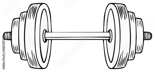 Monochrome line art illustration of a heavy dumbbell for weightlifting and fitness training