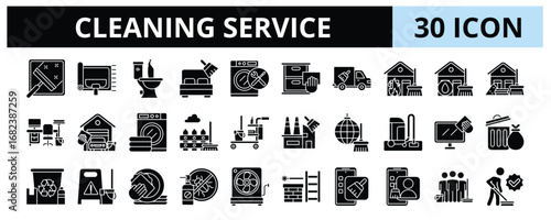 30 Cleaning Service Glyph Icons Vector - Moving Cleaning, Vacuuming, Wiping, Trash Removal, Mopping Floor, Ventilation