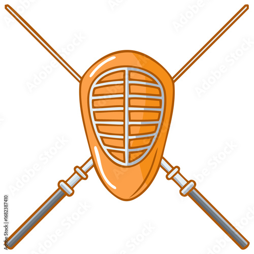 Illustration of a kendo mask and two crossed shinai sticks as a symbol of traditional Japanese martial arts culture and practices