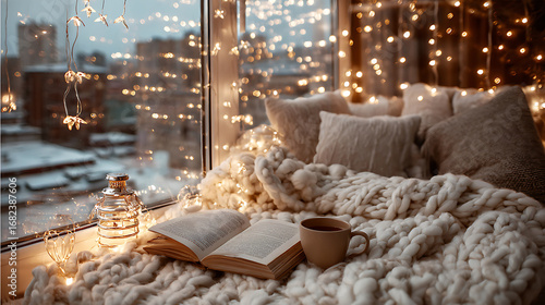 Cozy winter reading nook with a knitted blanket and string lights, creating a warm ambient lighting for a hygge lifestyle.