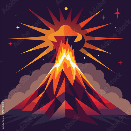 Abstract volcano with starburst smoke eruption