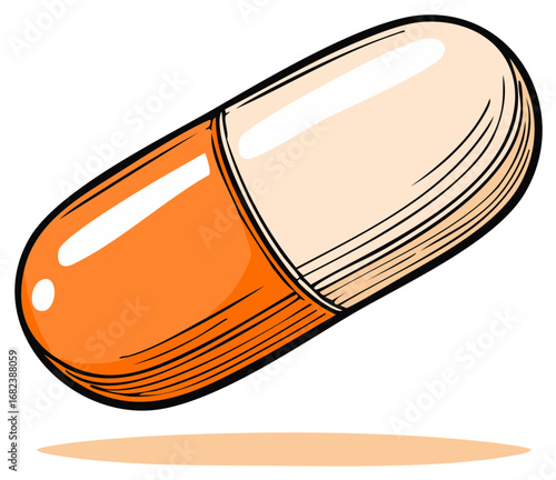 Orange and Cream Colored Pharmaceutical Capsule Illustration, Medication Concept.