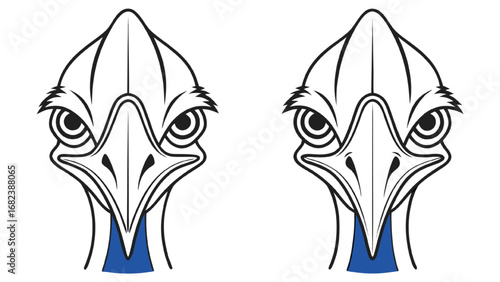 Two Stylized Cassowary Heads with Blue Necks bird animal