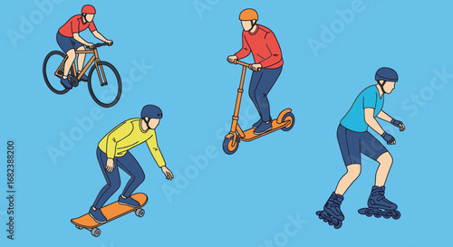 Isometric illustration of people enjoying active hobbies: cycling, scootering, skateboarding, and rollerblading.