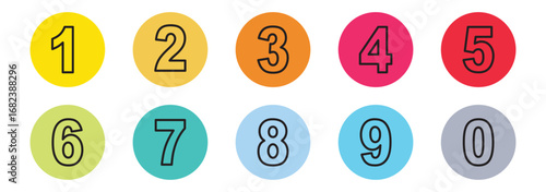 Colorful bullet points number set from zero to nine. circles and numbers. colorful number digit vector icon with white background. Numbers symbols. Flat icons . Set of 1-10numbers. Digital projects.
