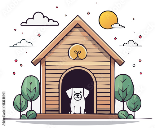 Stylized Cartoon Dog in Wooden Doghouse Surrounded by Trees Under Sunny Sky