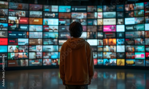 A person stands before a wall of screens displaying various movies and tv shows in a dark room