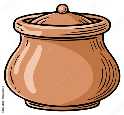 Illustrated ceramic pot with lid, traditional design in warm earth tones