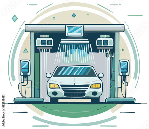 White Car Going Through Automatic Washing Station With Soap and Brushes