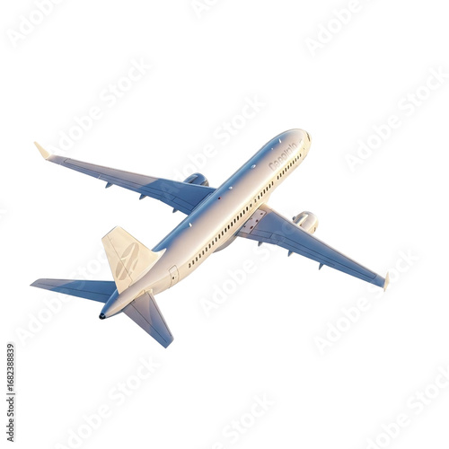 Aerial view of a passenger airplane flying in the sky with a black background at an angle shot from above on transparent background