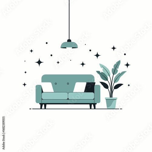 Interior living room with sofa and plant  Minimal Flat Vector Illustration for real estate, home, construction, templates, and brandless design