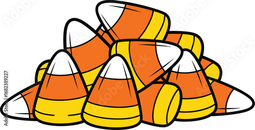 Pile of candy corn pieces on a white background for halloween celebration treat