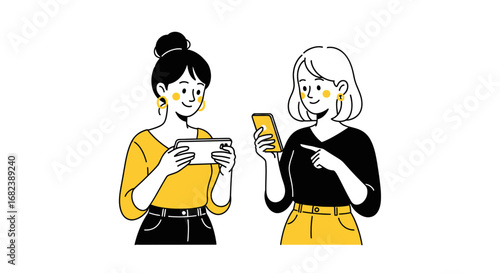 Two young women in a minimalist line art style, one holding a smartphone horizontally, the other pointing at her vertical phone.