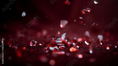 A red glass heart breaking into sharp fragments on a dark background, symbolizing heartbreak, emotional pain, and fragile love.	
