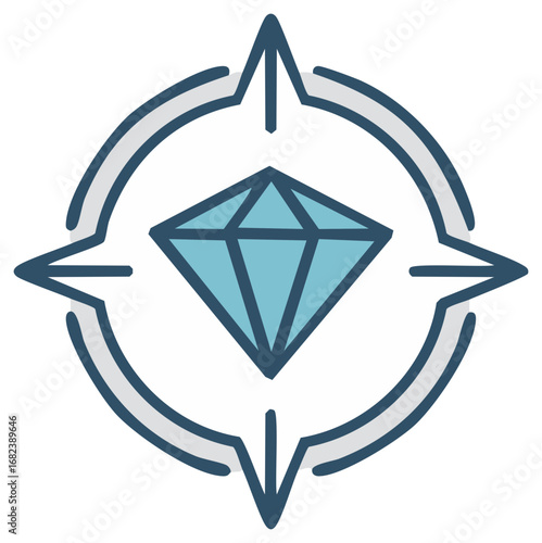 Diamond gemstone inside a stylized compass, representing guidance and precious discovery