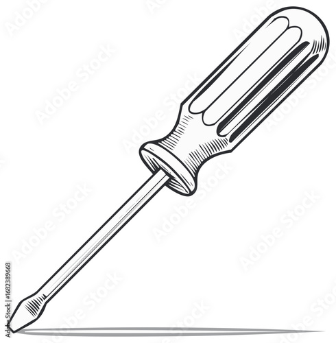 Line Art Drawing of a Flathead Screwdriver Tool, Isolated on White