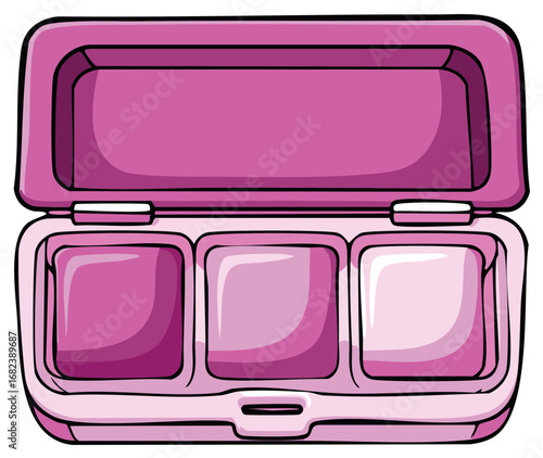 Cartoon illustration of an open empty pink plastic container with three compartments