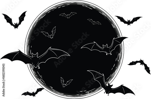 Bats fly around a full moon on a spooky halloween night illustration art