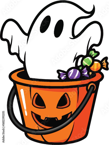 Cartoon ghost in a jack o lantern bucket filled with halloween candy treats