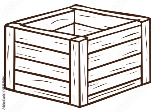 Hand drawn vector illustration of an open and empty wooden box for storage or shipping