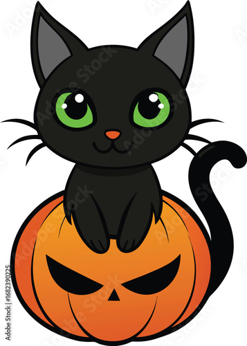 Black cat sitting on pumpkin eerie eyes