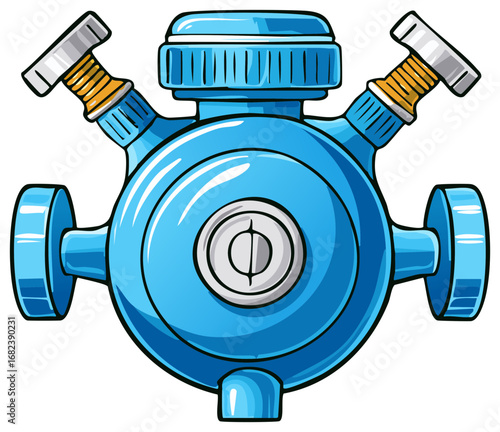 Cartoon Illustration of a Blue Industrial Pump Assembly with Valves and Ports, Mechanical Equipment