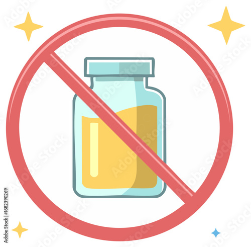 No use, symbol with liquid in glass vial, prohibition icon in flat style illustration