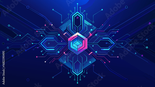 Abstract digital network with central hexagonal core