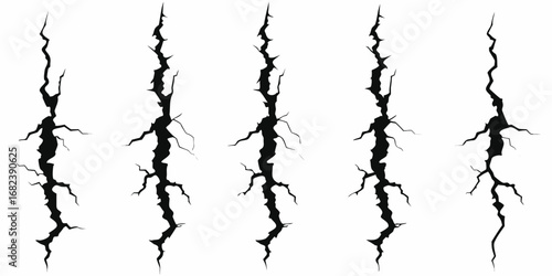 Collection of five black jagged vertical cracks on a white background