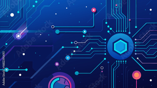 Abstract blue circuit board with geometric shapes and glowing nodes