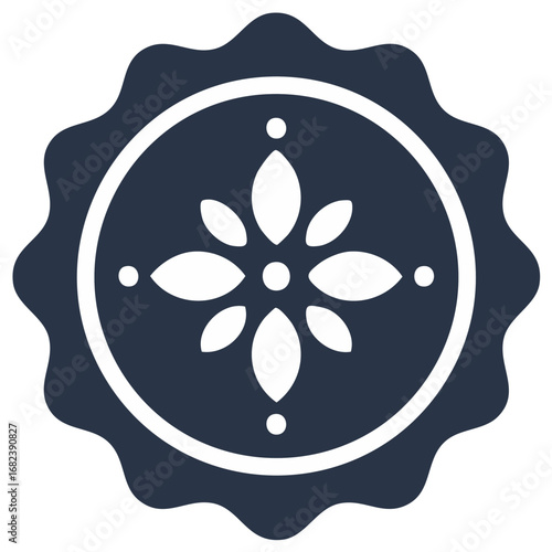 Abstract floral rosette design element in navy and white color palette flat style
