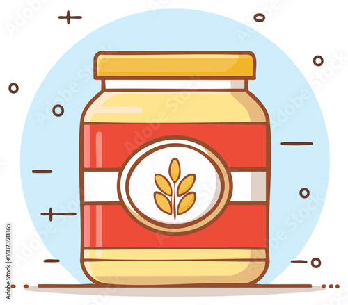 Cute cartoon jar of a grain product with a wheat emblem on the label
