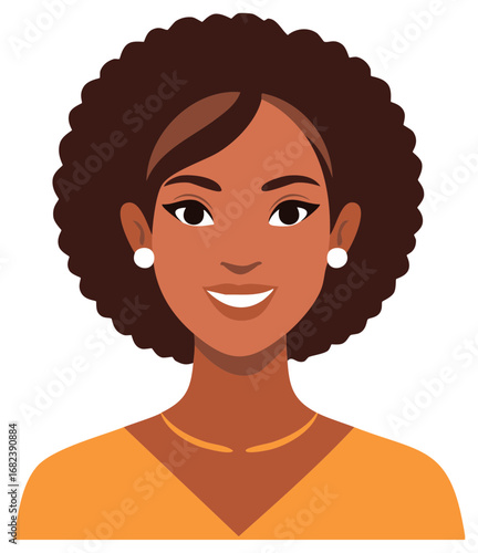 Smiling Woman Portrait with Afro Hairstyle Digital Art Illustration, Elegant, Confident, Cheerful