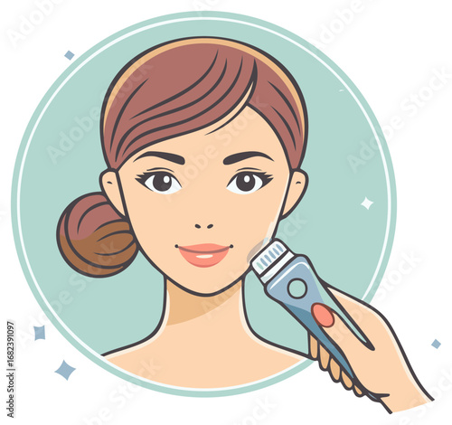 Young Woman Using Modern Skincare Tool for Face Cleansing and Beauty Illustration