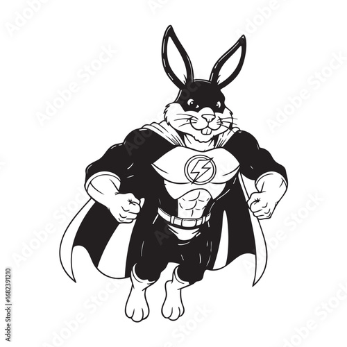 Vector art of a cartoon rabbit superhero with a cape and mask,poses dynamically, showcasing strength and agility in a heroic stance