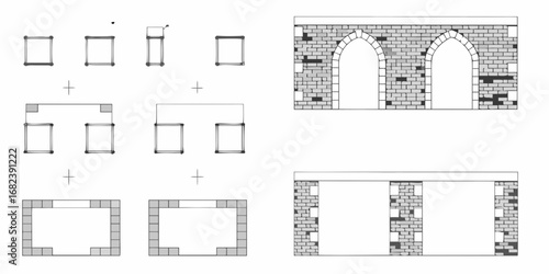 Architectural construction elements and building components for creating walls with windows and arches