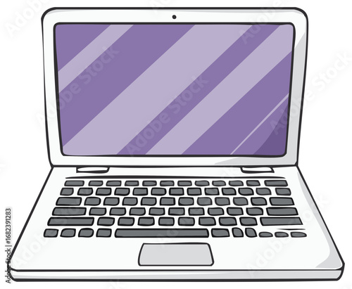 Open Laptop Illustration with Purple Screen and Gray Keys, Cartoon Style
