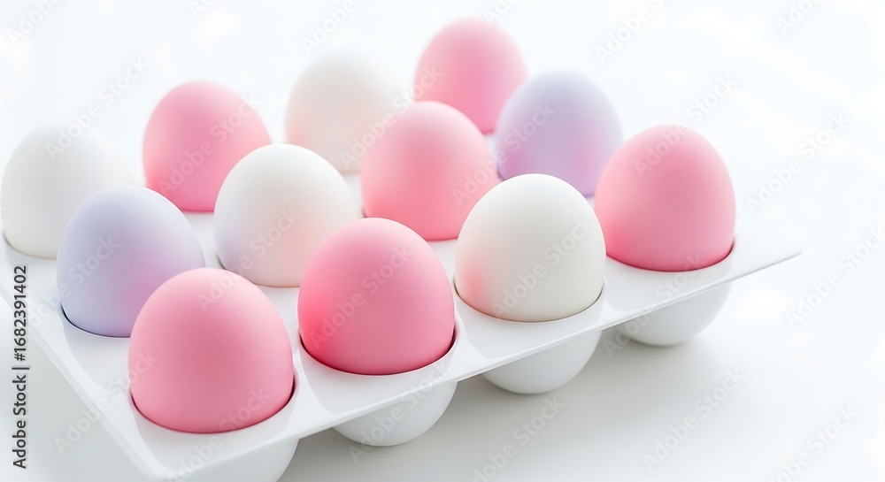 Fototapeta premium Pastel-Colored Smooth Spheres in Tray: A Minimalist Composition with Pink, Purple, and White Tones on a Clean Surface.