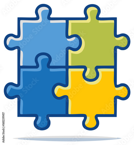 Four Colorful Puzzle Pieces Fitting Together Achieving Completeness