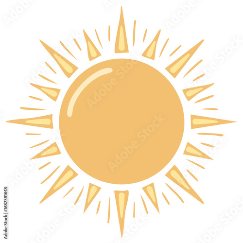 Warm golden sun illustration with hand drawn style and radiating rays emanating outwards radiating sunlight with summer heat