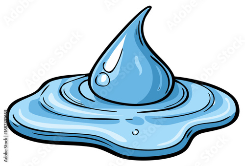 Vibrant cartoon blue water drop splashing into a clear liquid puddle creating ripples