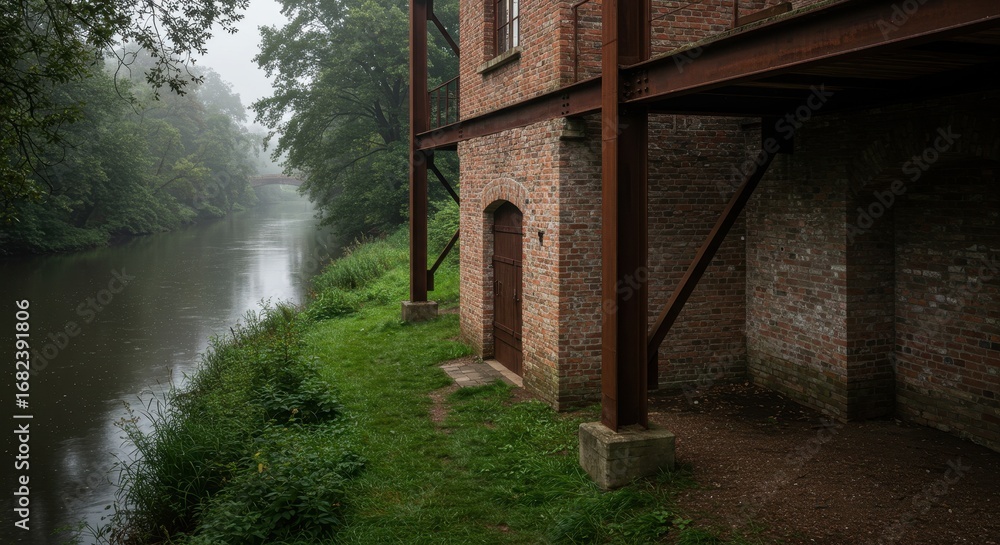 Fototapeta premium Serene Industrial Structure by Calm Riverbank Surrounded by Lush Greenery on Foggy Morning