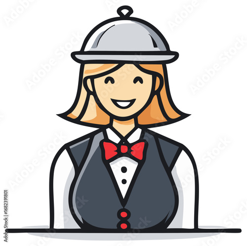 Cartoon smiling server woman in a uniform holding a covered tray, catering service or restaurant professional illustration