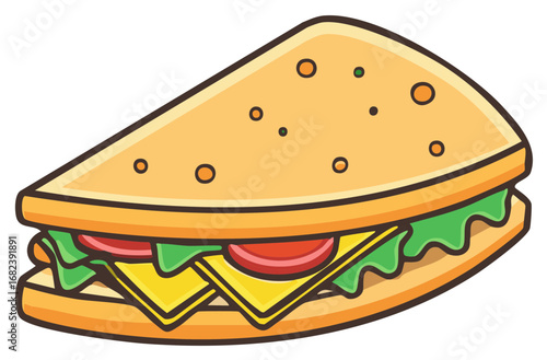 Triangular sandwich with cheese lettuce and tomato slices in a cartoon style