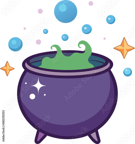 Cauldron bubbling potion with stars above