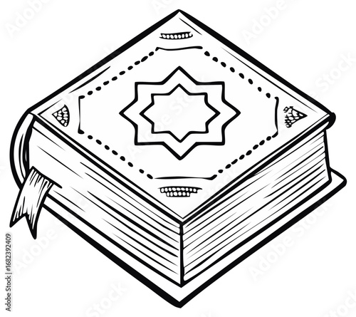 Stylized image of holy book with star design, symbolic of Middle Eastern culture, line drawing, vector illustration