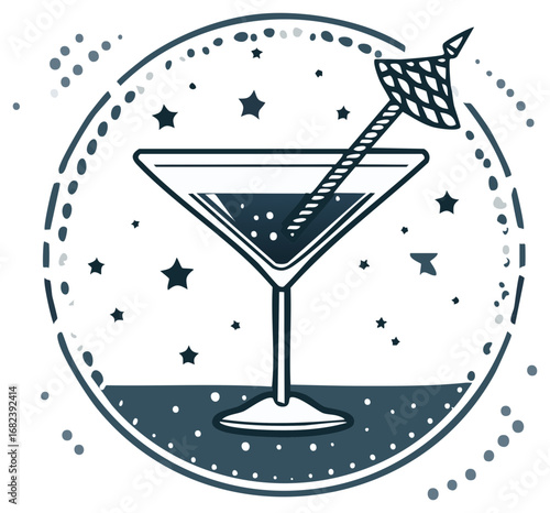Stylish cocktail glass with umbrella and stars in decorative circle illustration