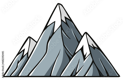 Three peaks, capped with snow, cartoon illustration of mountains.