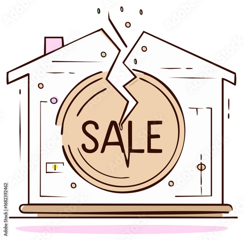 Cracked House with Sale Symbol and Coin